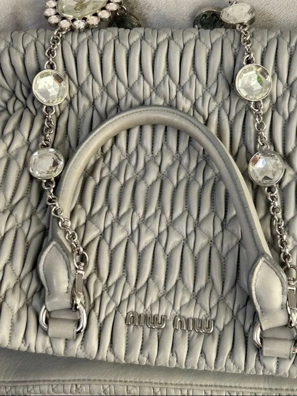 Miu Miu Quilted Gray Ruched Leather Satchel with Crystal Chain
